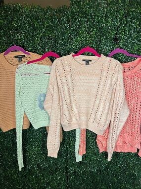 Forever 21 Pastel Open-Knit Crewneck Sweater Trio - Peach Mint Coral Tan